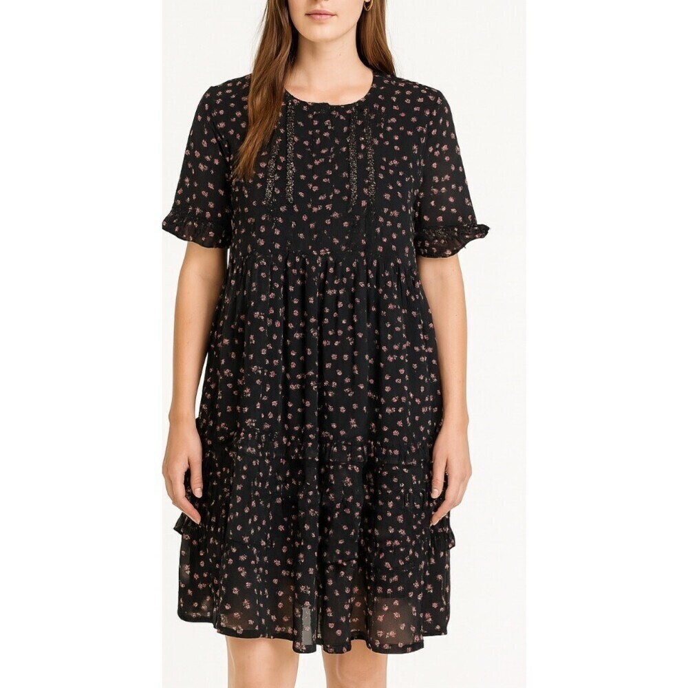 Top Shop dress tiered boxy black ditsy floral print lined women's SZ 4 knee leng
